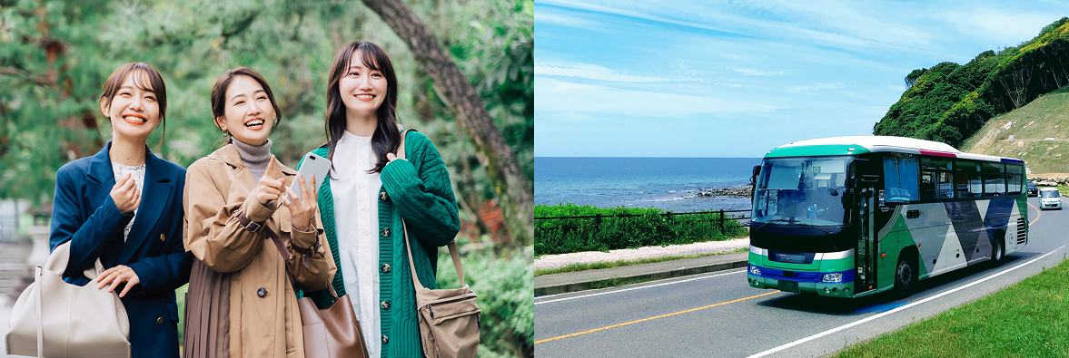女性3人組旅行とバス観光イメージ